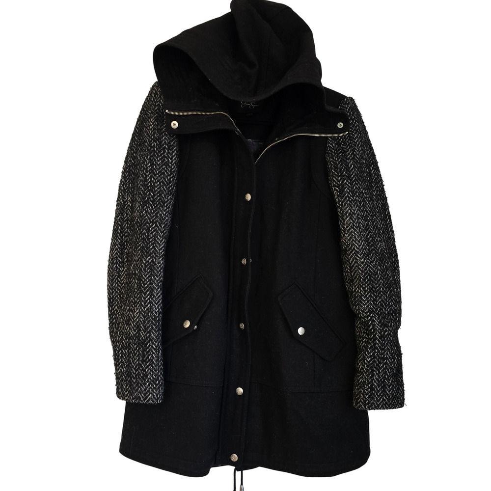 😀 Jessica Simpson Hooded Wool Blend Coat Black Herringbone Sleeve Parka Jacket